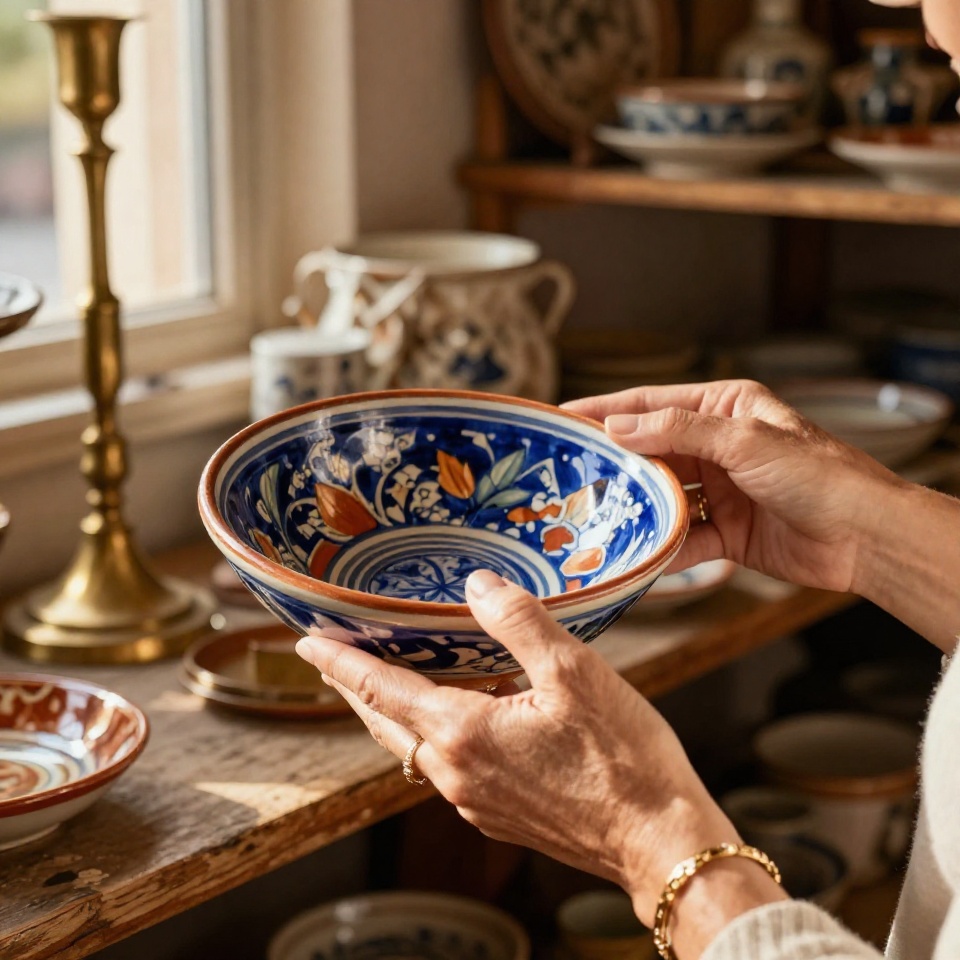 Руки с золотыми украшениями рассматривают винтажную испанскую керамическую посуду с узорами в секонд-хенде Аликанте
